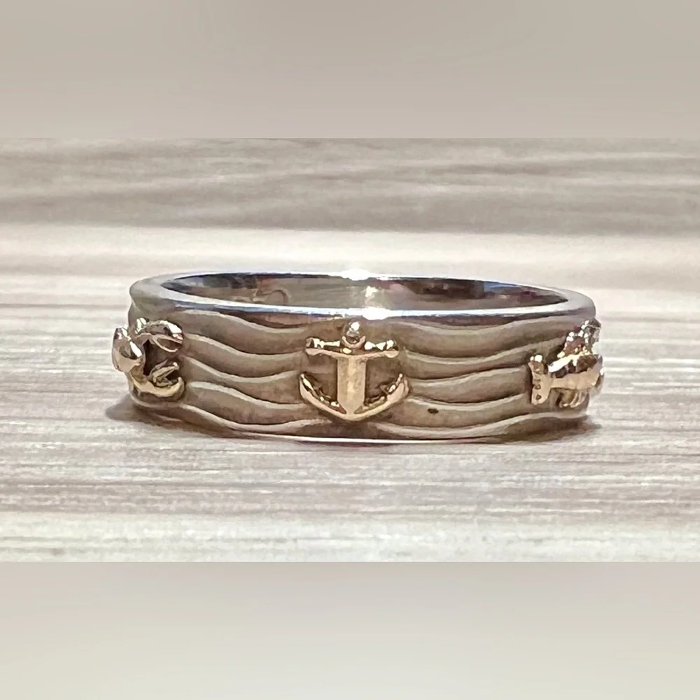 Handmade Sterling Silver & 14K Gold Nautical Anchor & Lobster Band Ring, Size 7